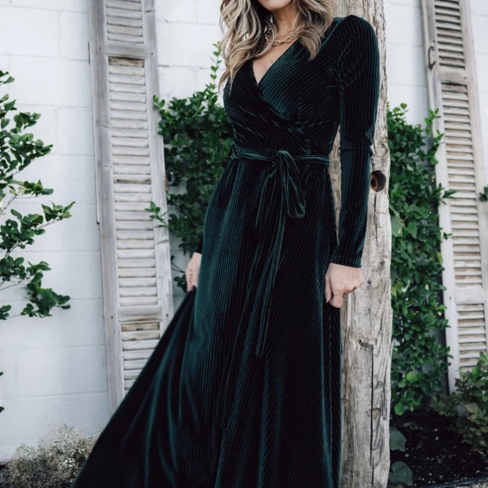 Jada Ribbed Velvet Wrap Dress | Emerald